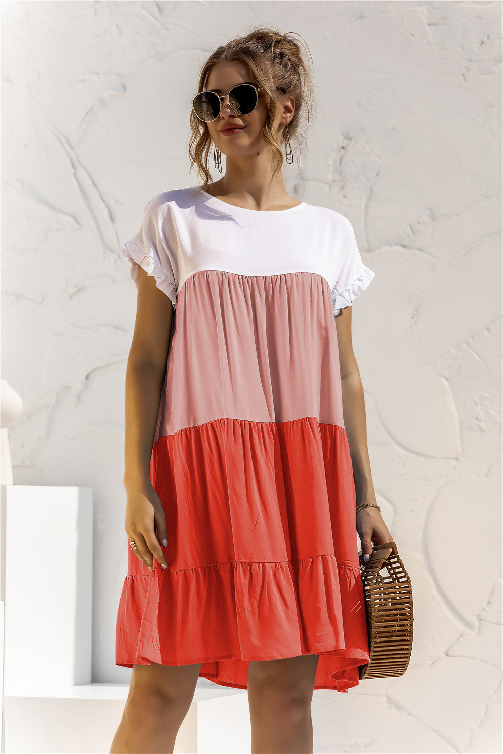 Round Neck Ruffled Hem Vacation Mini Dresses