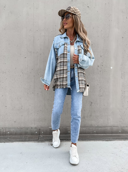 Single-breasted Pile Collar Grid Pattern Denim Outerwear Cardigans