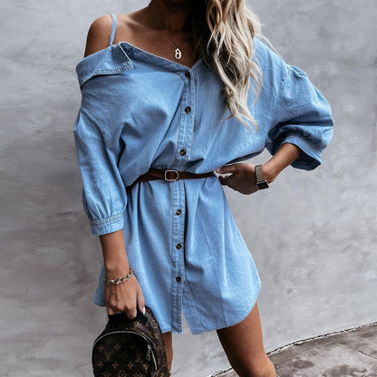 Off Shoulder Sling Lantern Sleeve Single-breasted Denim Shirt Mini Dresses