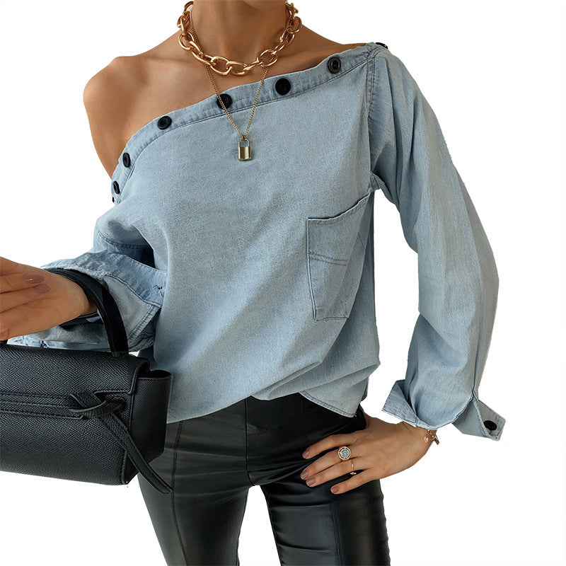 Casual One Shoulder Botton Collar Denim Shirt Blouses