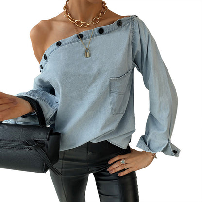 Casual One Shoulder Botton Collar Denim Shirt Blouses