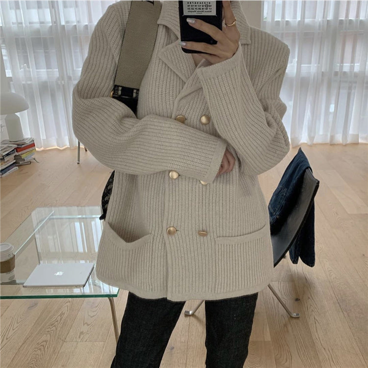 Pile Collar Double Breasted Knitted Sweaters Outerwear Apricot