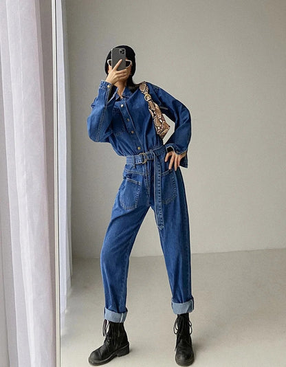Pile Collar Lace-up Single-breasted Denim Jumpsuits