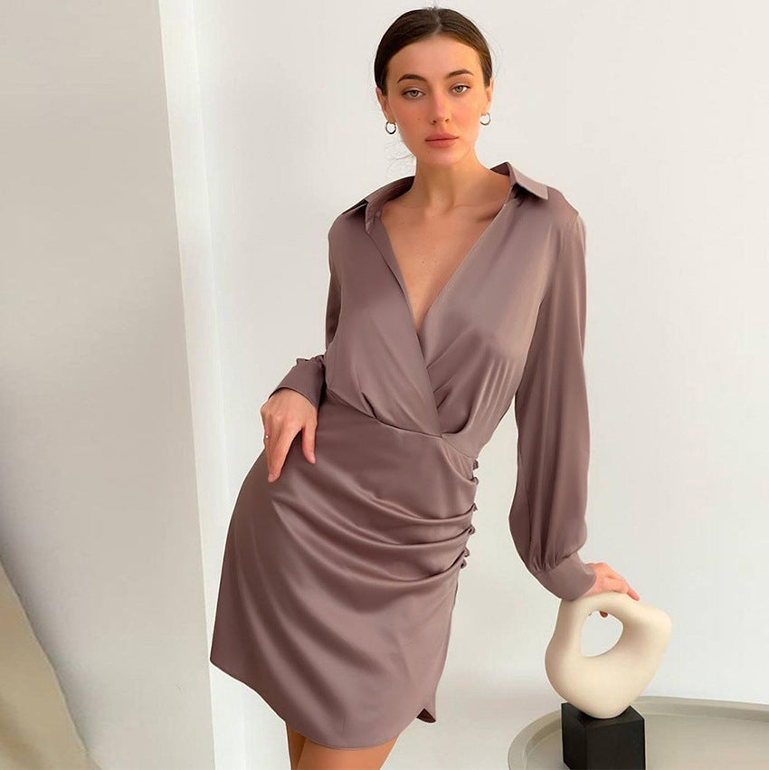 V-neck Pile Collar Satin Bodycon Mini Dresses