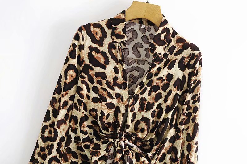 Lace-up Leopard Lapel Floral Mini Dresses