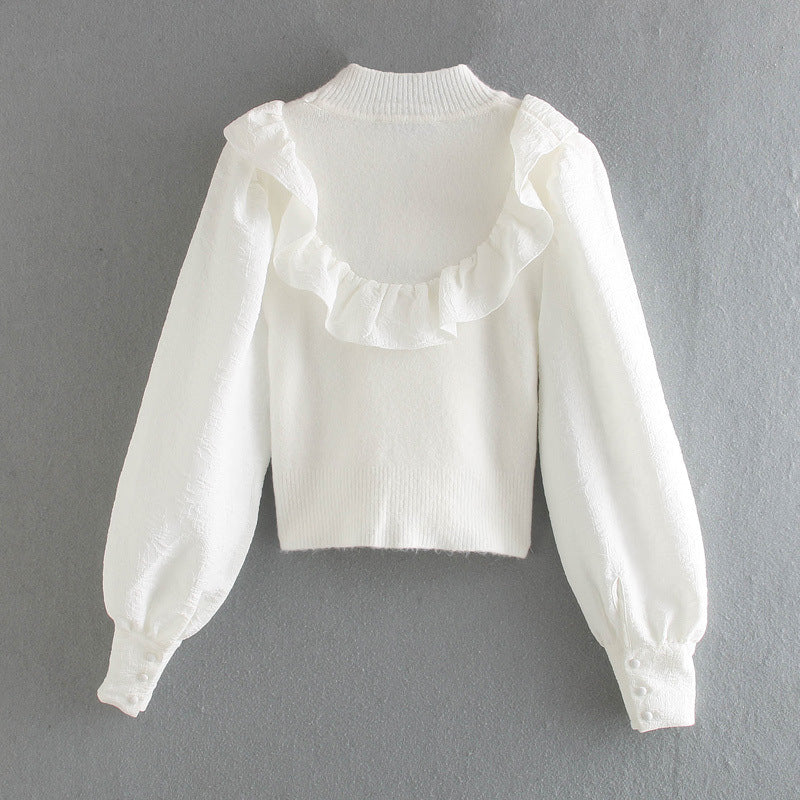 Elastic Sleeve Ruffled High-collared Laminated Sweaters Blouses