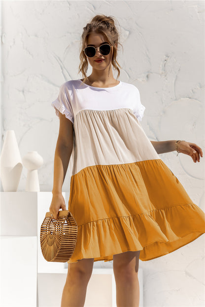 Round Neck Ruffled Hem Vacation Mini Dresses