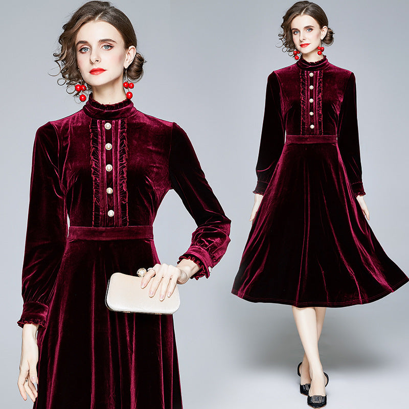 Red Velvet Pearl Button Single-breasted Midi Dresses