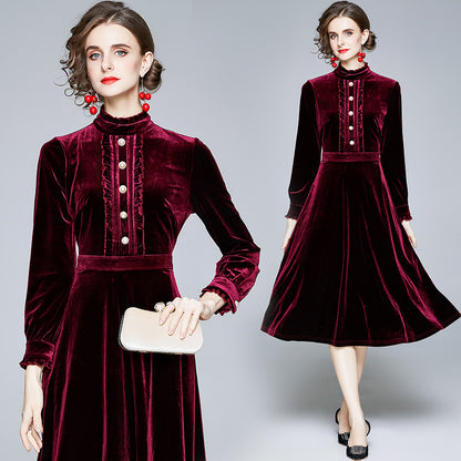 Red Velvet Pearl Button Single-breasted Midi Dresses