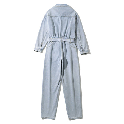 Pile Collar Lace-up Single-breasted Denim Jumpsuits