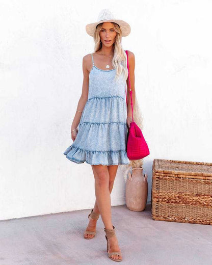 Backless Strap Ruffles Denim Mini Dresses
