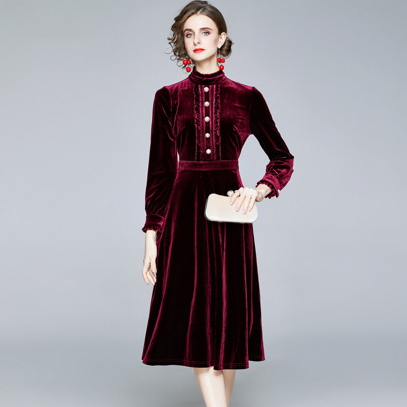 Red Velvet Pearl Button Single-breasted Midi Dresses