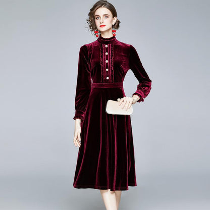 Red Velvet Pearl Button Single-breasted Midi Dresses