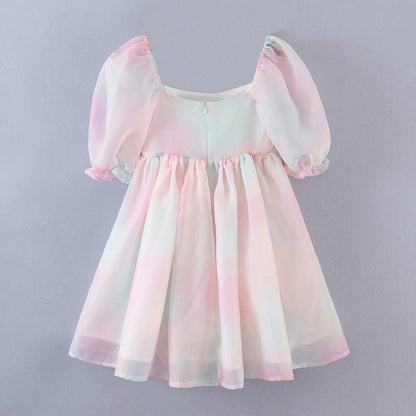Tie Dye Rainbow Puff Bubble Sleeve Off Shoulder Mini Dresses