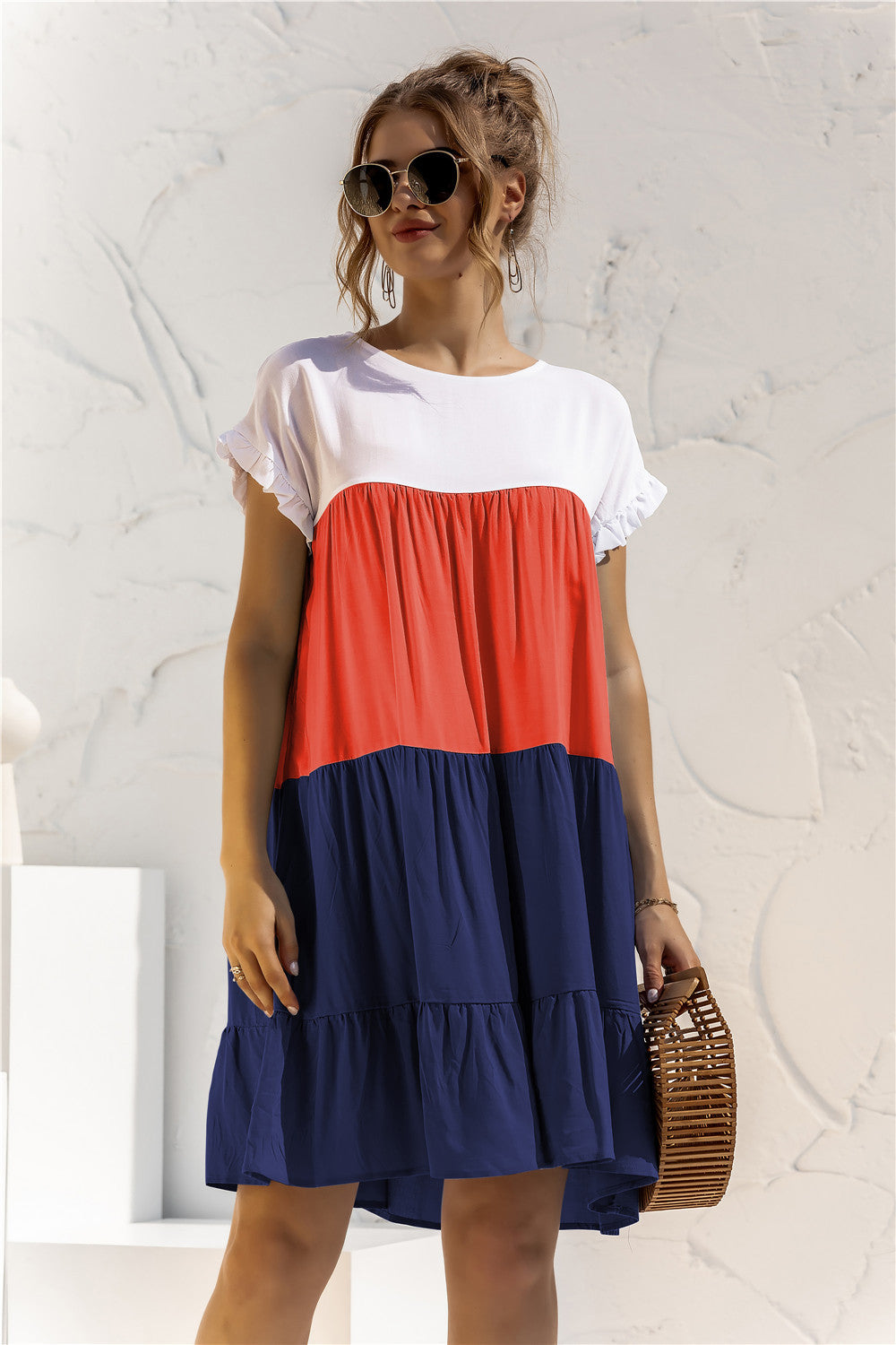 Round Neck Ruffled Hem Vacation Mini Dresses