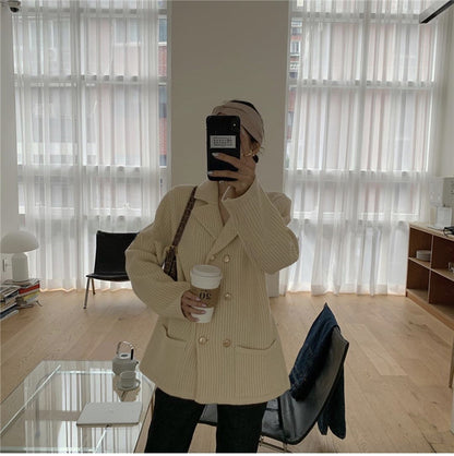 Pile Collar Double Breasted Knitted Sweaters Outerwear Apricot