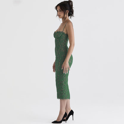 Backless Lace Suspenders Floral Flower Bodycon Midi Dresses