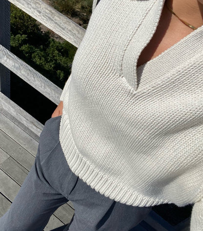 V-neck Knit Pile Collar Polo Sweaters Top