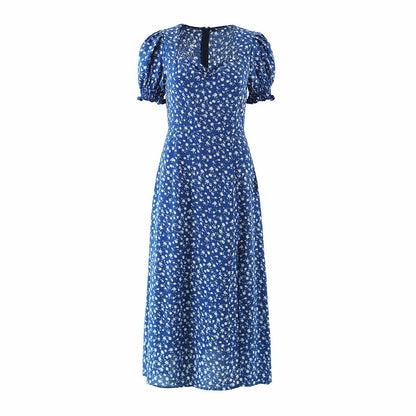 Square Collar Floral Daisy Puff Sleeve Midi Dresses