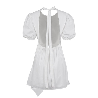 Lantern Bubbles Sleeve Ruffles Hem Backless Party Mini Dresses