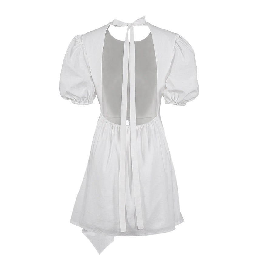 Lantern Bubbles Sleeve Ruffles Hem Backless Party Mini Dresses
