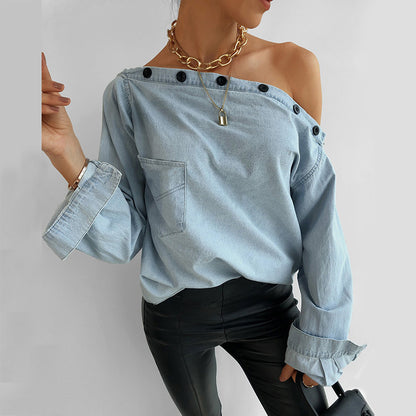 Casual One Shoulder Botton Collar Denim Shirt Blouses