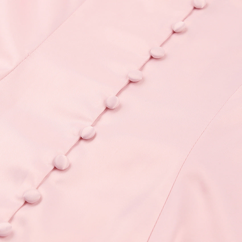 Pink V-neck Lantern Sleeve Single-breasted Skater Party Mini Dresses