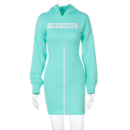 Zipper Round Neck Hoodies Sweatshirts Printed Mini Dresses