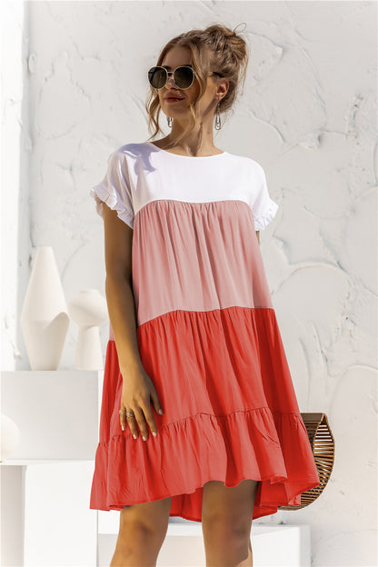 Round Neck Ruffled Hem Vacation Mini Dresses