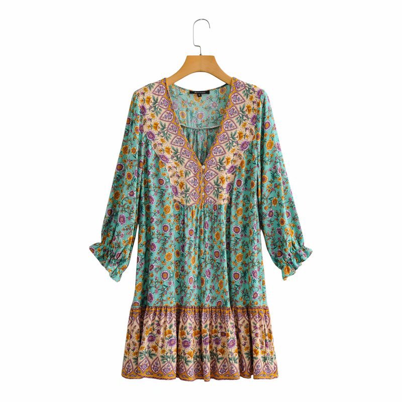 Boho Bohemia V-neck Single-breasted Ruffled Floral Mini Dresses