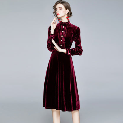 Red Velvet Pearl Button Single-breasted Midi Dresses