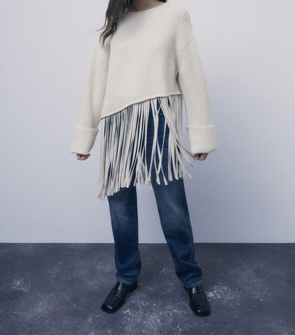 Knit Tassel Round Neck Irregular Hem Sweaters Blouses