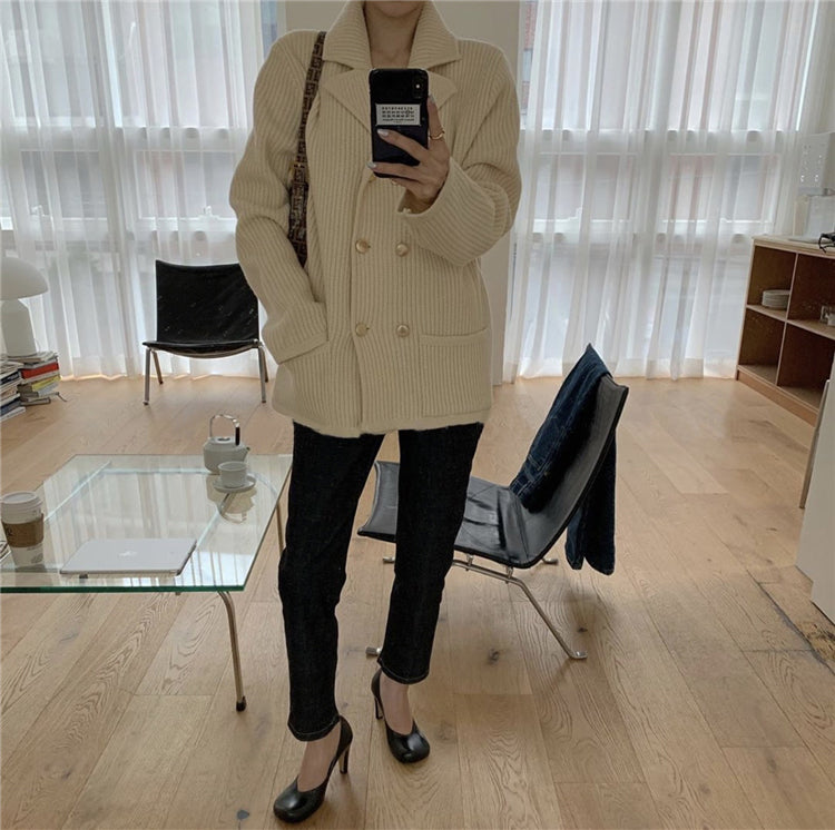 Pile Collar Double Breasted Knitted Sweaters Outerwear Apricot
