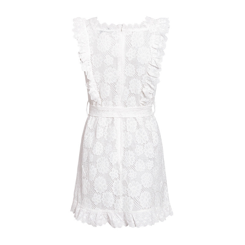 White Embroidered Lace Flower Seeveless Bodycon Mini Dresses