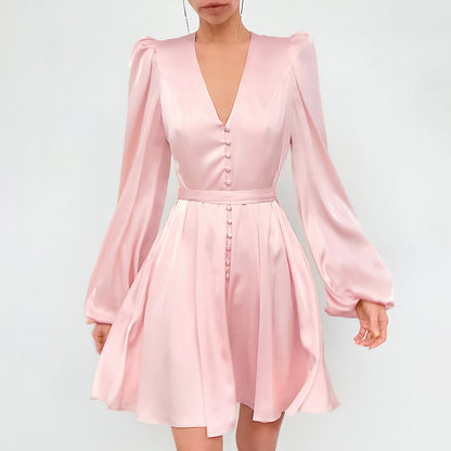 Pink V-neck Lantern Sleeve Single-breasted Skater Party Mini Dresses