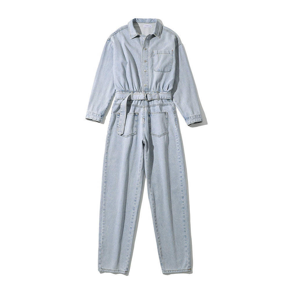 Pile Collar Lace-up Single-breasted Denim Jumpsuits