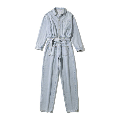 Pile Collar Lace-up Single-breasted Denim Jumpsuits