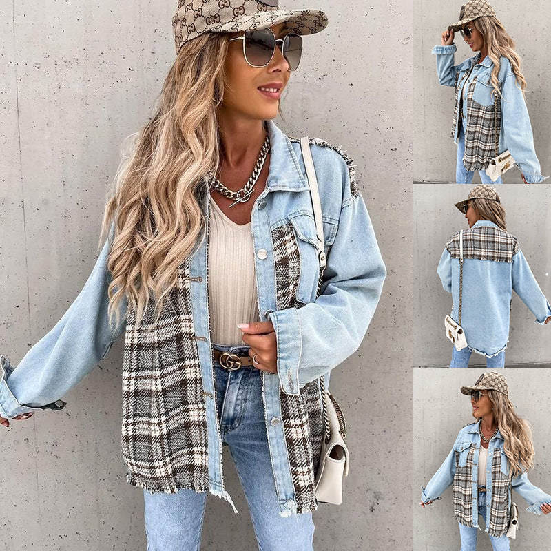 Single-breasted Pile Collar Grid Pattern Denim Outerwear Cardigans