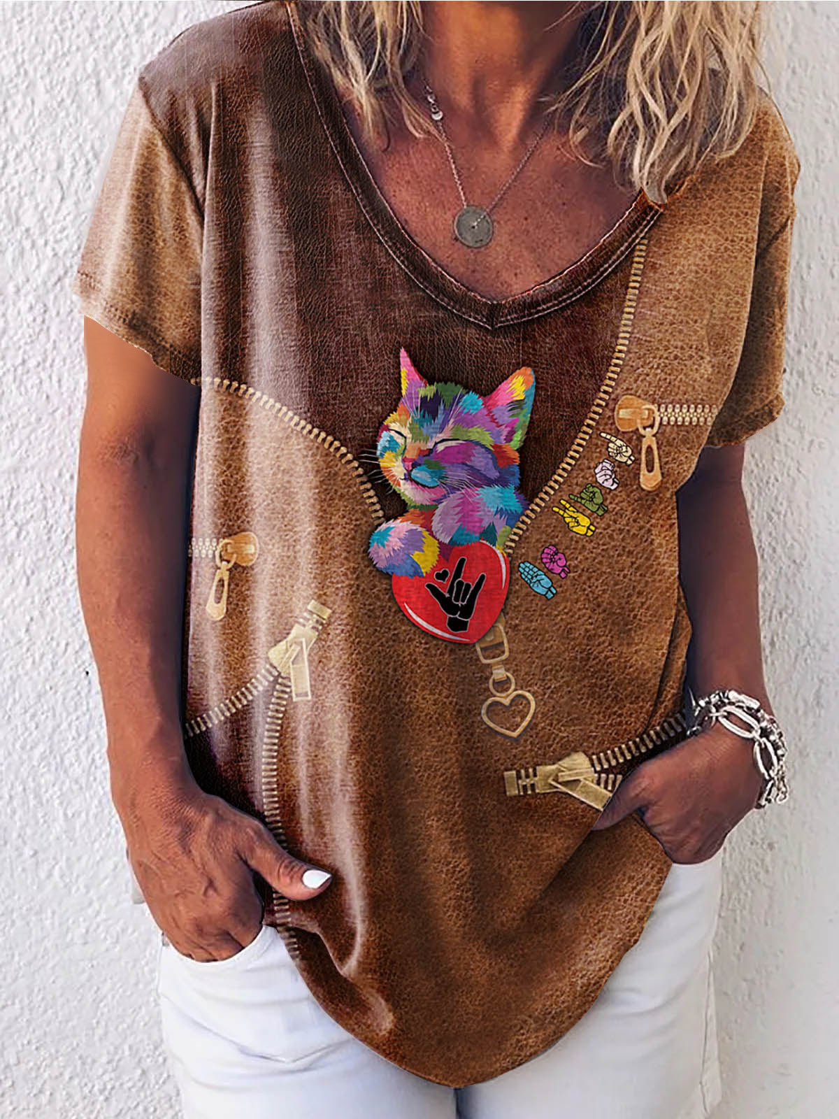 Round Neck Animal Printed T-Shirts Shirts Blouses