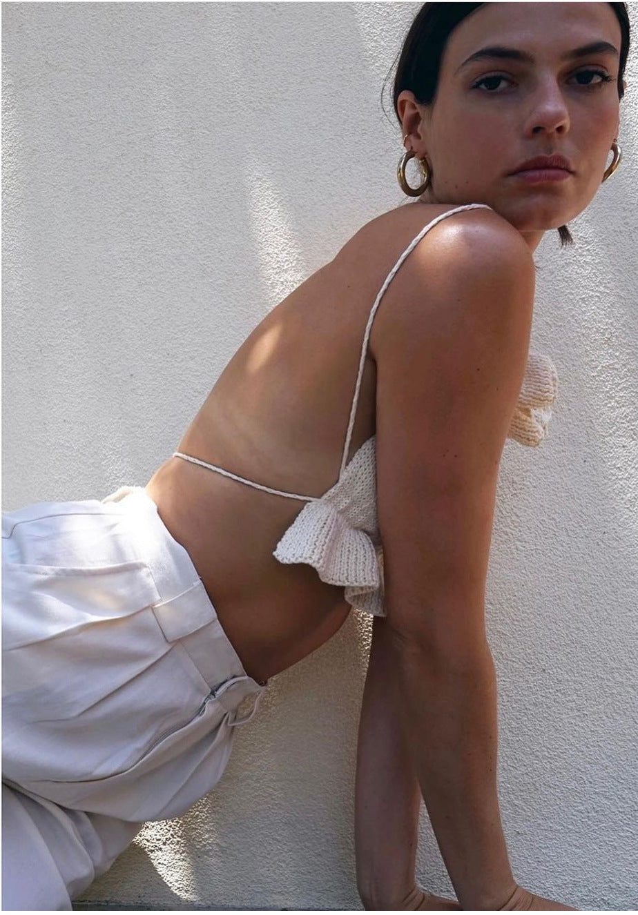 Backless Lace-up Knit Sweaters Ruffle Camis Tank Crop Tops