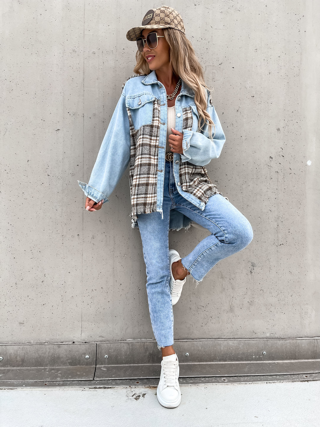 Single-breasted Pile Collar Grid Pattern Denim Outerwear Cardigans