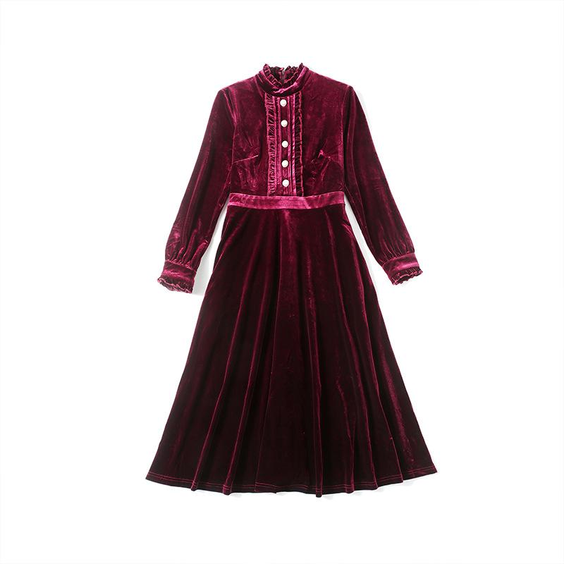 Red Velvet Pearl Button Single-breasted Midi Dresses