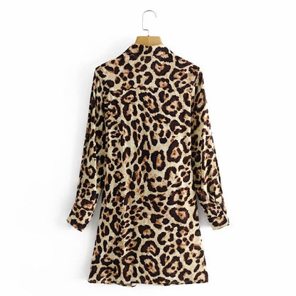 Lace-up Leopard Lapel Floral Mini Dresses