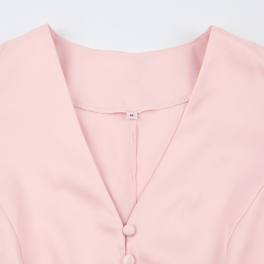 Pink V-neck Lantern Sleeve Single-breasted Skater Party Mini Dresses