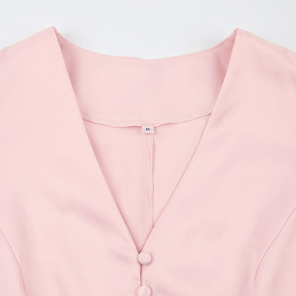 Pink V-neck Lantern Sleeve Single-breasted Skater Party Mini Dresses