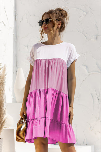 Round Neck Ruffled Hem Vacation Mini Dresses
