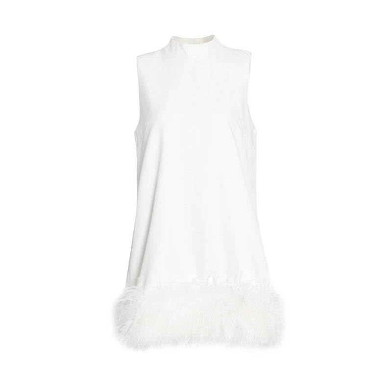 High Collar Tassel Feather Party Mini Dresses
