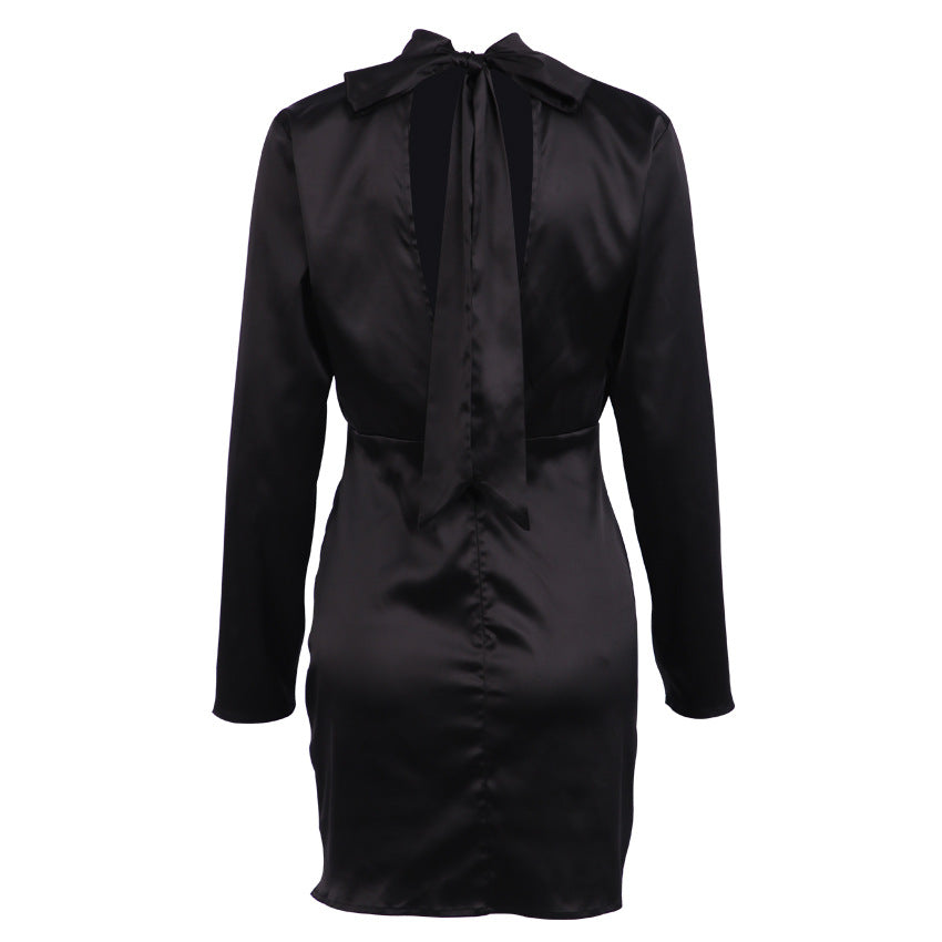 V-neck High Collar Satin Bodycon Mini Dresses