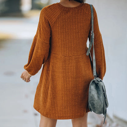 Casual Round Neck Knit Sweaters Pocket Mini Dresses