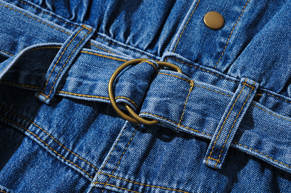 Pile Collar Lace-up Single-breasted Denim Jumpsuits